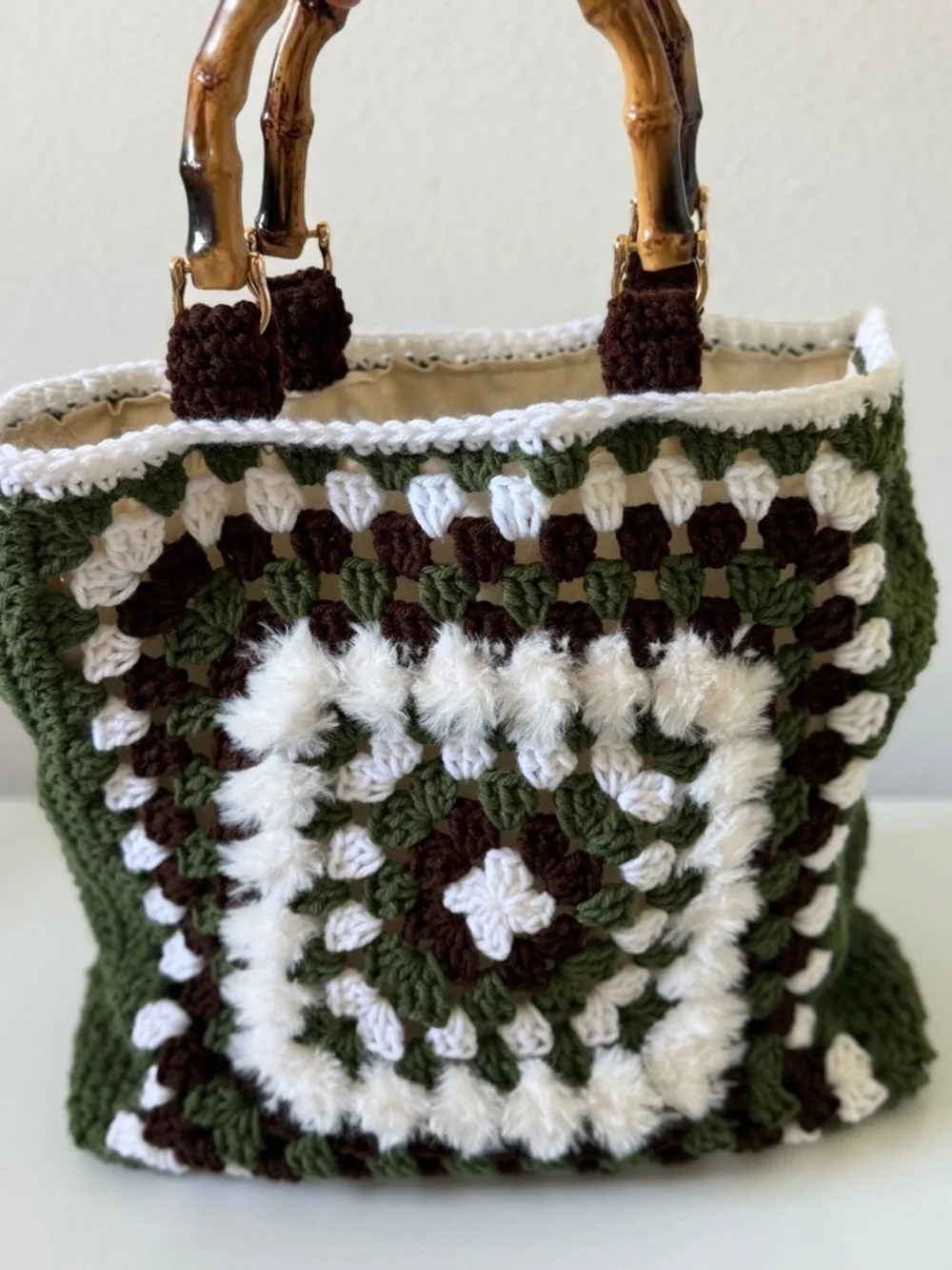 Tote Square Crochet Bamboo Handles Olive Brown Cream Boho Chic Purse